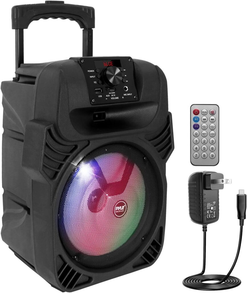 Pyle 400W Portable Bluetooth PA Loudspeaker – 8” Subwoofer System, 4 Ohm/55-20kHz, USB/MP3/FM Radio/ ¼ Mic Inputs, Multi-Color LED Lights, Built-in Rechargeable Battery w/ Remote Control -PPHP844B