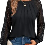 AUTOMET Womens Long Sleeve Shirts Pleated Lace Tops Fall Fashion Outfits Business Casual Blouses