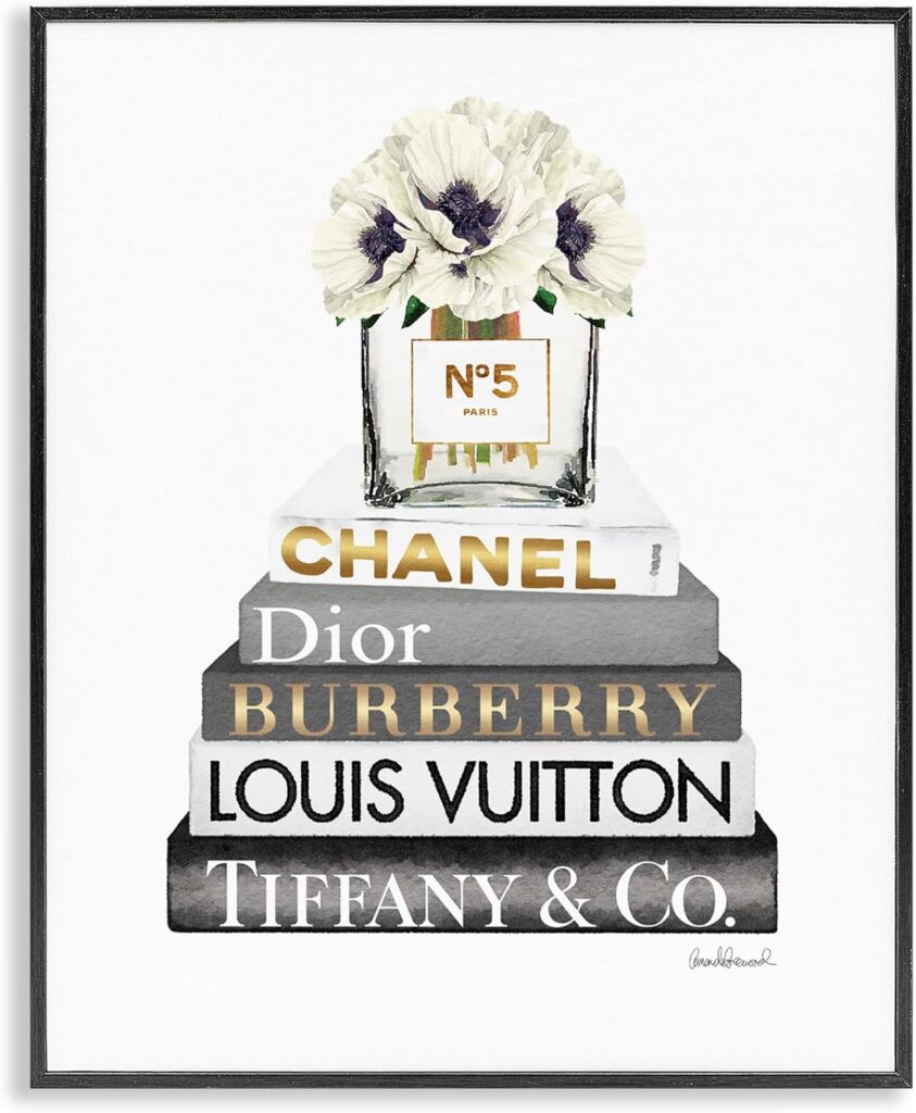 Stupell Industries Blooming White Floral Display on Glam Designer Bookstack Wall Art, 11 x 14, Black Framed