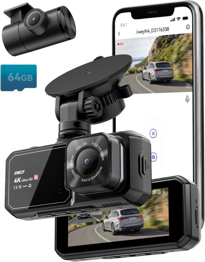 IIWEY 4K Dash Cam Front and Rear for Cars, Dual UHD Camera with WiFi, Free 64GB Card, 3.16″ IPS, G-Sensor, Parking Mode, Loop Recording, WDR
