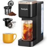 Single Serve Hot & Iced Coffee Maker with Strong Brew, 40oz Removable Reservoir, 6 Brew Sizes, Compatible with K Cup and Grounds, Compact for Home, Office, RV, Black & Gold (2.0 Version)