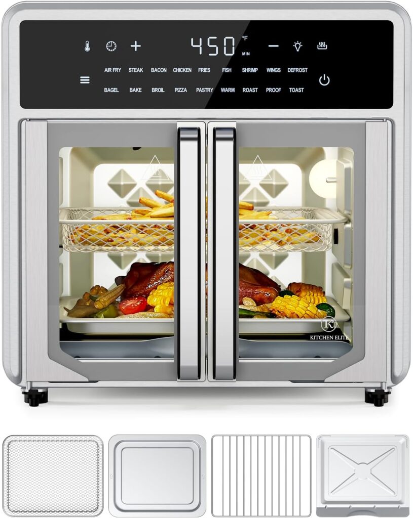 Kitchen Elite Air Fryer French Door Oven,15.8 Qt Toaster Oven Countertop Combo,18 Presets & 1 Preheat & Light, Airfryer Basket,Wire Rack,Baking Pan,Crumb Tray,Compact Design,Stainless Steel,Small