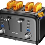 Black Toaster 4 Slice, Dual Independent Controls, Extra Wide Slot Toasters for Bagel, Bread, Waffles, 7 Shade Settings, 4 Main Functions, Removable Crumb Tray, 1500 Watts, Black Stainless Steel