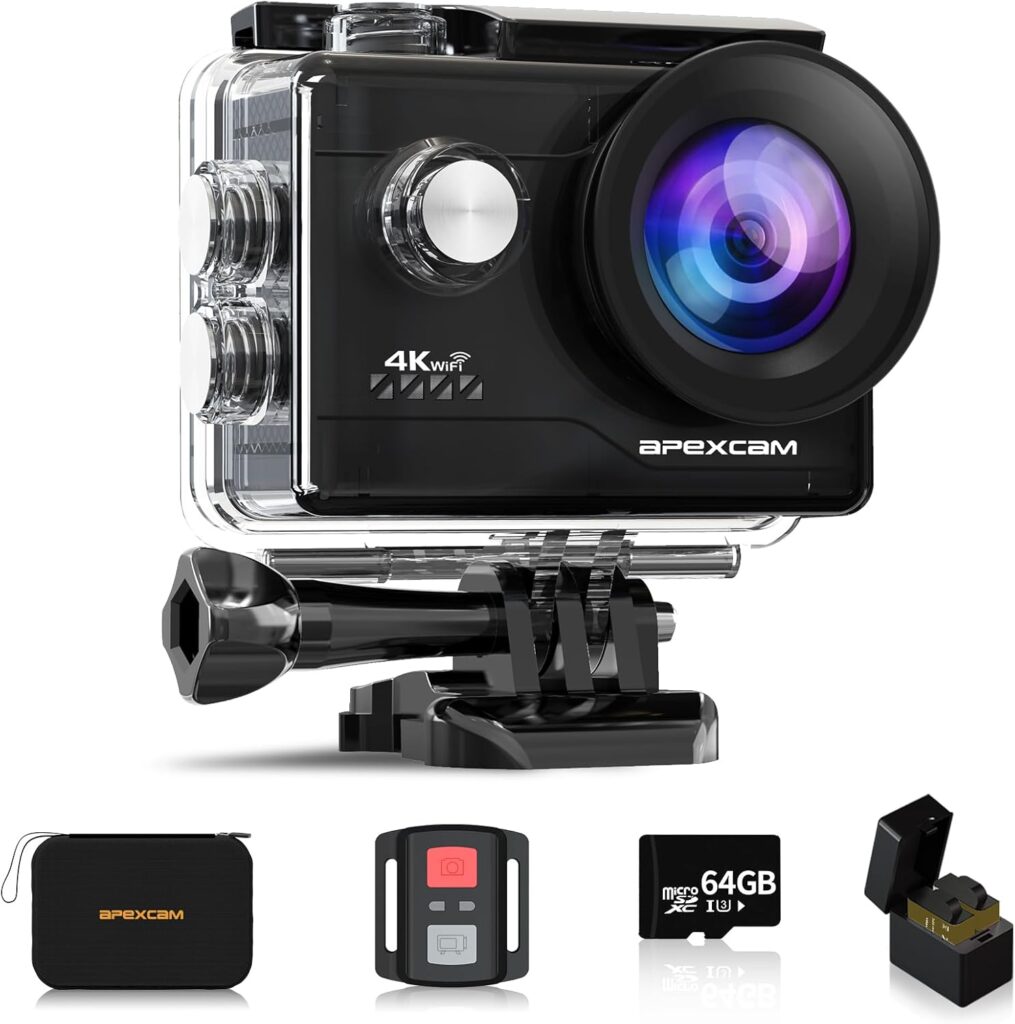 Apexcam Action Camera 4K with 64G SD Card Sports Cameras 20MP 131FT Waterproof Underwater Camera 170°Wide-Angle WiFi Cameras with 2.4G Remote Control, 2 Batteries, Mounting Accessories Kits