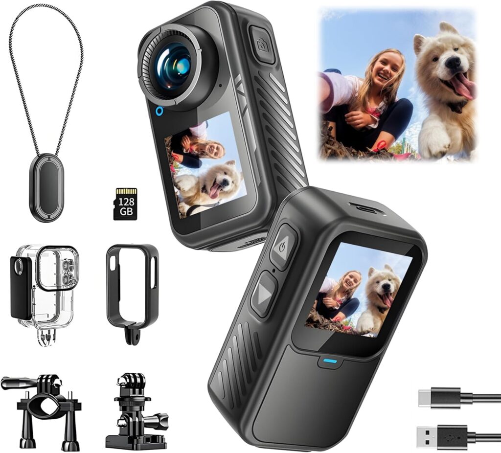 Dual Screen Sports Camera | 128G Thumb Action Camera, Wearable on Chest for POV Shooting: Waterproof Action Camera for Running Cycling Swimming Hiking Adventures etc.