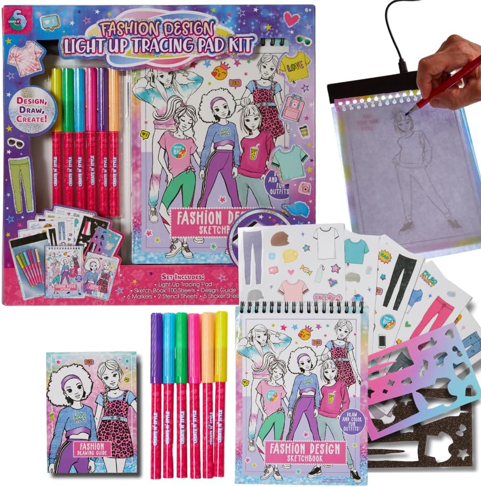 Create N’ Style Fashion Design Light Up Tracing Pad Kit, Kids Coloring Art Activity Set with Stickers and Stencils