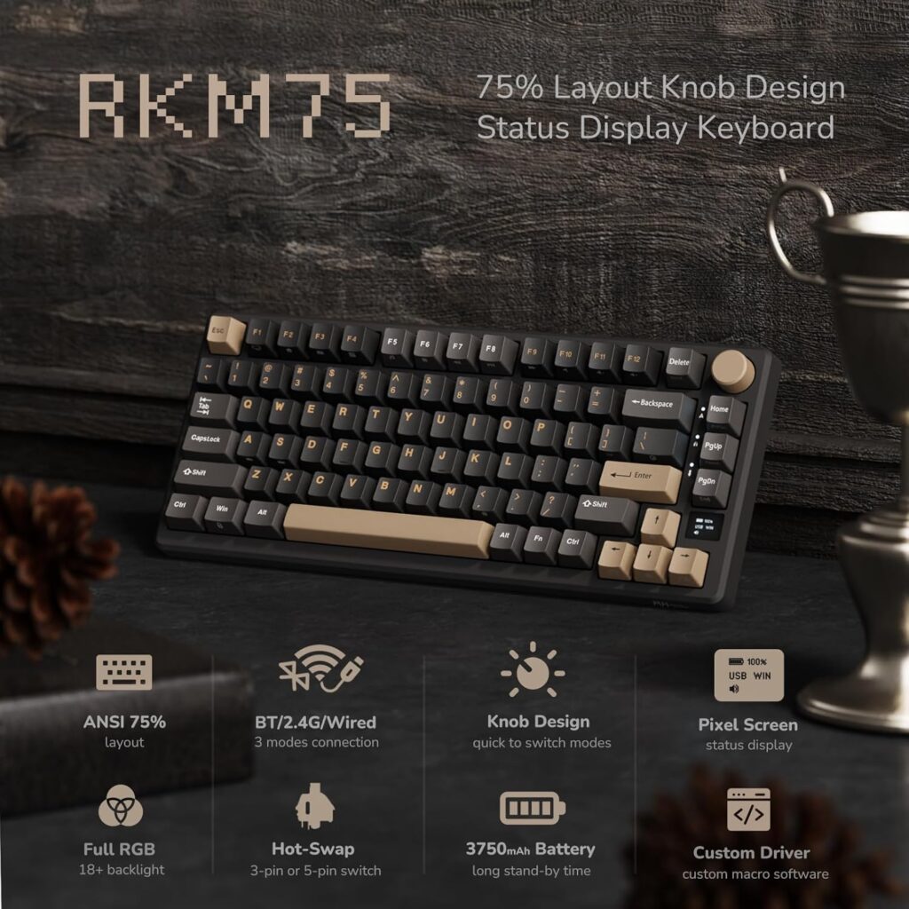 RK ROYAL KLUDGE M75 Wireless Mechanical Keyboard 2.4Ghz/BT5.1/USB-C Gaming Keyboard 75% Layout 81 Keys Gasket Mount with OLED Display & Knob RGB Backlight Hot-Swappable Silent Switch, Grey