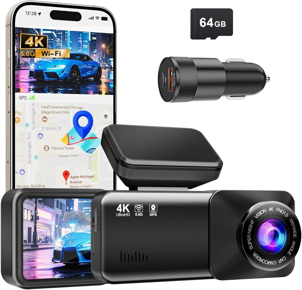 Dash Cam 4K Ultra HD, Front Dash Camera for Cars Built-in GPS, 5.8GHz WiFi, APP Control, 3.2″ IPS Screen, Night Vision, Wide Angle, WDR, 24H Parking Mode,Included 64GB Card and 48W 2- Port Car Charger