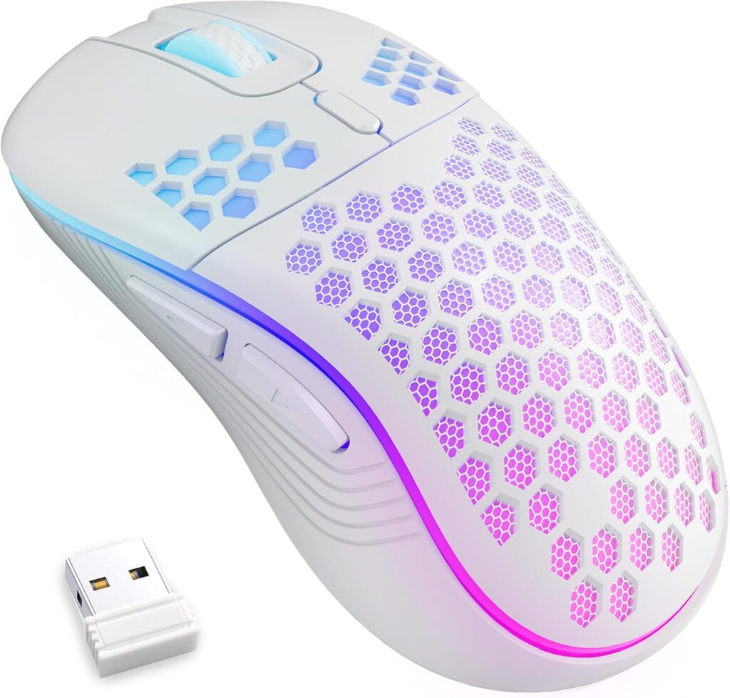 MELOGAGA Wireless Gaming Mouse Honeycomb 2.4G USB Cordless Mouse RGB Rechargeable PC Game Mice with 7-Color LED Lights,3 Adjustable DPI for Windows Laptop Desktop Computers -White