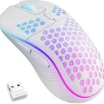 MELOGAGA Wireless Gaming Mouse Honeycomb 2.4G USB Cordless Mouse RGB Rechargeable PC Game Mice with 7-Color LED Lights,3 Adjustable DPI for Windows Laptop Desktop Computers -White