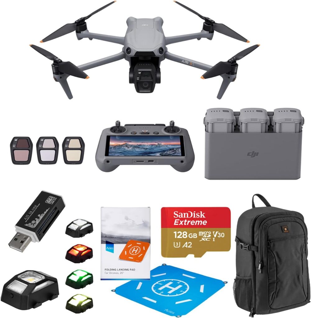 DJI Air 3S Drone Fly More Combo with RC 2 Remote Controller, Bundle with 128GB Memory Card, Strobe Light, Multi Card Reader, Landing Pad Pro and Backpack