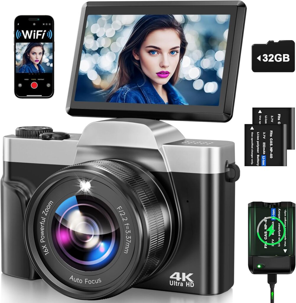 4K Digital Camera for Photography with WiFi, 2025 Latest Auto-Focus Vlogging Camera for YouTube Video 3” 180° Flip Screen Travel Cameras 16X Zoom Anti-Shake 4K Cameras with SD Card, 2 Batteries