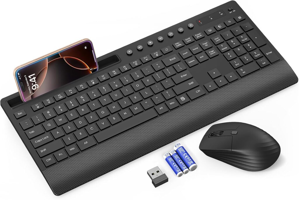Trueque Wireless Keyboard and Mouse Combo – Full-Size Quiet Keyboard with Palm Rest, Phone Holder, Multimedia Keys, Power Switch, Compatible with Windows, Chrome OS, PC, Laptop (Batteries Included)
