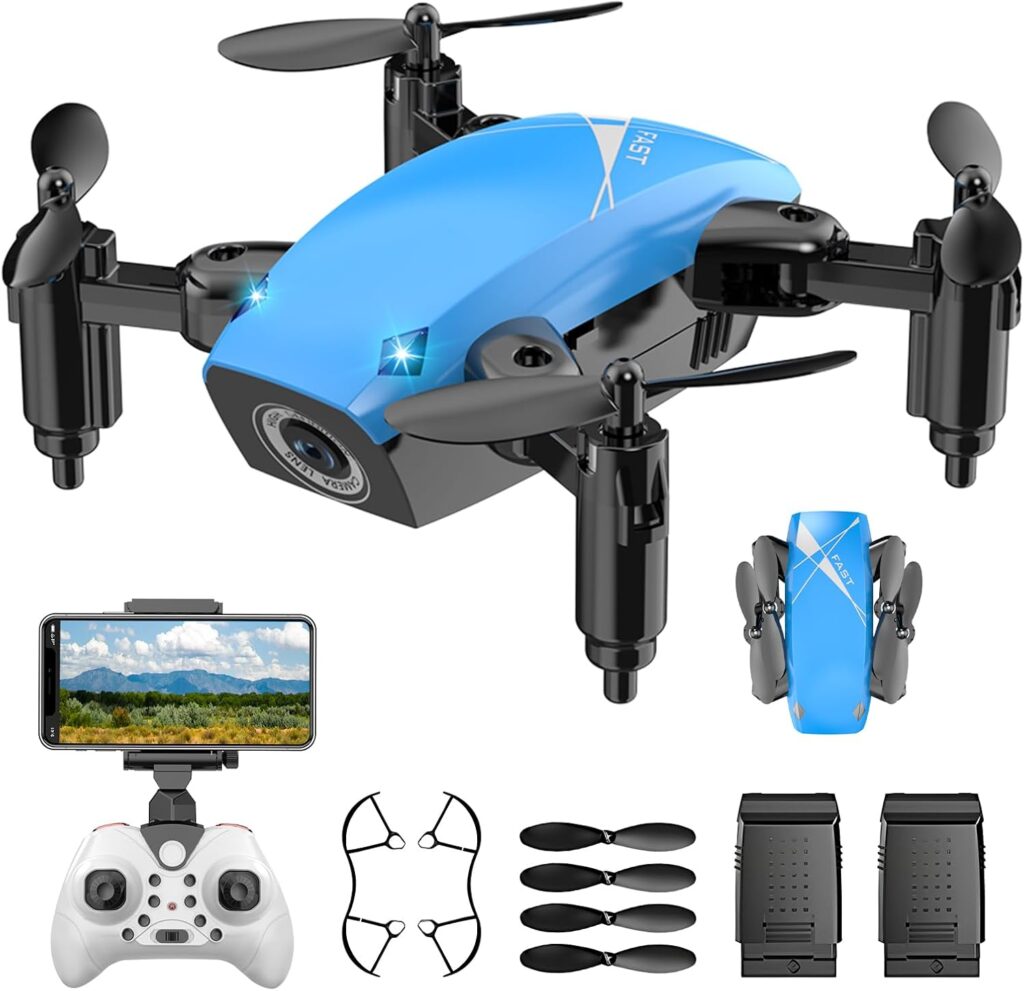 Drones for Kids with Camera, Mini RC Quadcopter Toy with Foldable Wings, Voice & Gesture Control, Altitude Hold, Full Propeller Guard, 2 Batteries, Birthday Gifts for Boys and Girls Ages 8-14 (Blue)