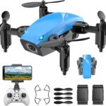 Drones for Kids with Camera, Mini RC Quadcopter Toy with Foldable Wings, Voice & Gesture Control, Altitude Hold, Full Propeller Guard, 2 Batteries, Birthday Gifts for Boys and Girls Ages 8-14 (Blue)