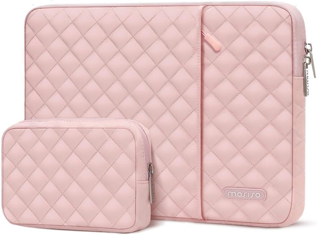 MOSISO Laptop Case 13.3 inch, 13-13.3 inch Laptop Sleeve Compatible with MacBook Air/Pro 13 / Pro 14, HP Dell Acer ASUS Lenovo,Square Quilted Vertical Computer Bag with Pocket&Small Case, Chalk Pink