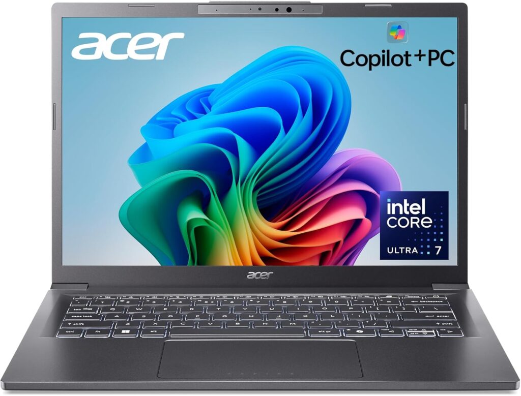 Acer Aspire 14 AI Copilot+ PC | 14″ WUXGA Display | Intel Core Ultra 7 Processor 256V | NPU: Up to 47 Tops – GPU: Up to 64 Tops | Intel ARC 140V | 16GB LPDDR5X | 1TB SSD | Wi-Fi 6E | A14-52M-72S0