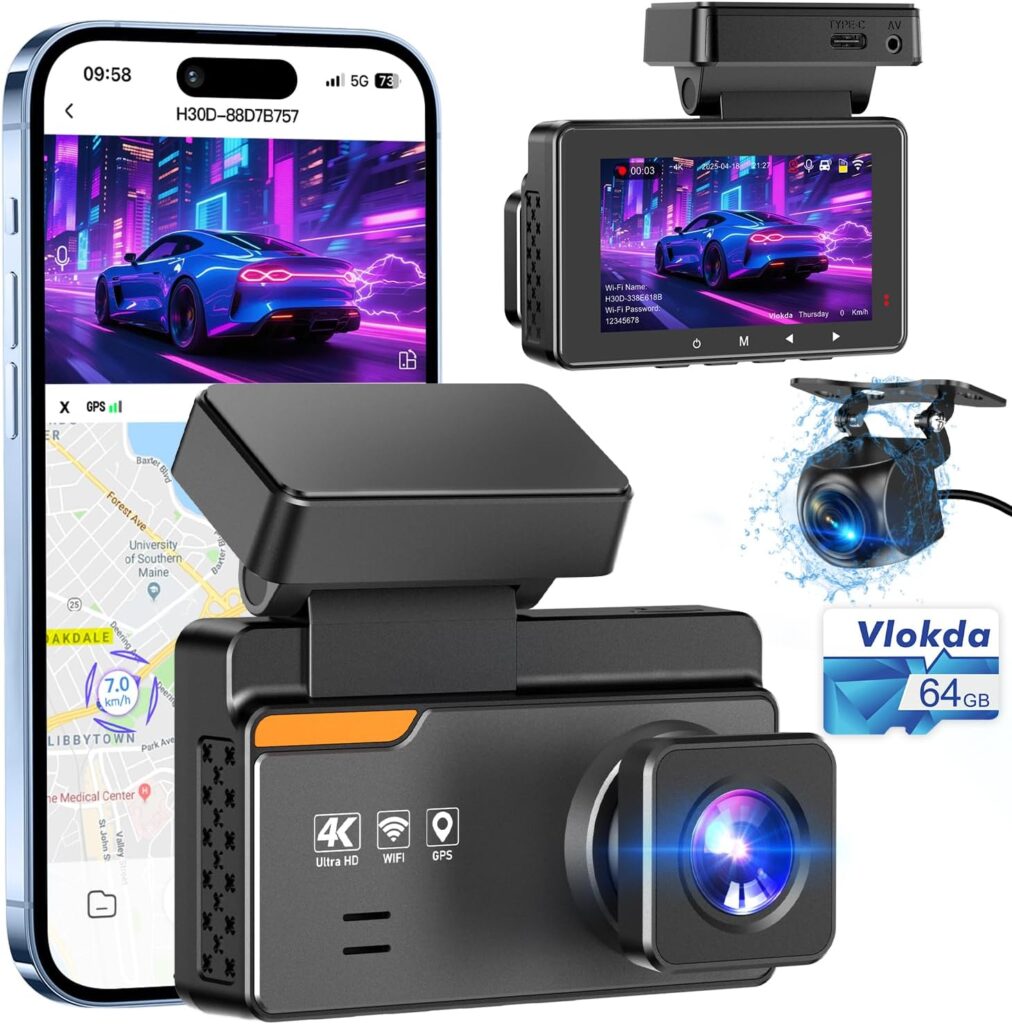 Dash Cam Front and Rear, 4K/2K Dashcams for Cars, Camera for Car with Free 64GB Card, Built-in WiFi GPS, ADAS, Night Vision, Loop Recording, Emergency Lock, 170°Wide Angle, 24H Parking Mode