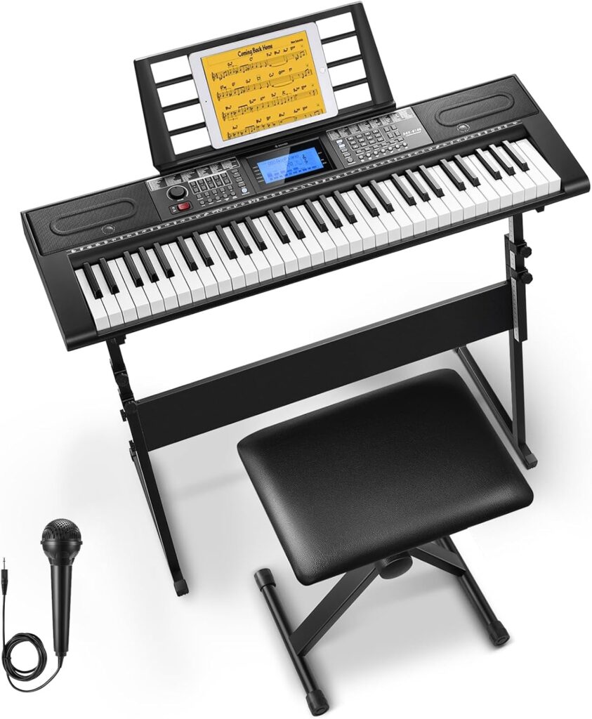 Donner 61 Key Keyboard Piano, Electric Piano Keyboard Kit with 249 Voices, 249 Rhythms – Includes Piano Stand, Stool, Microphone, Gift for Beginners, Black (DEK-610S)