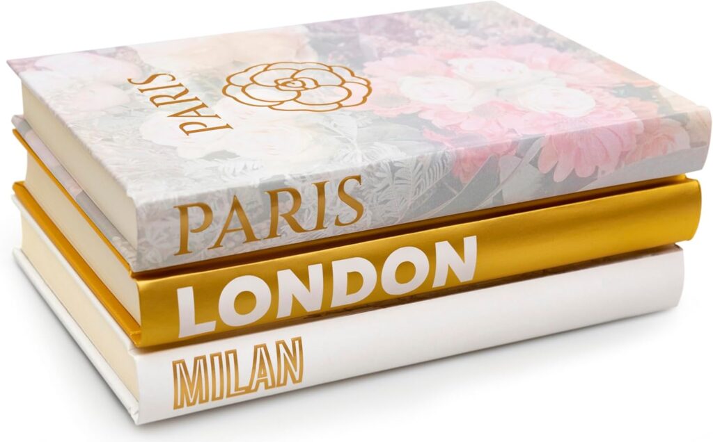 Decorative Books for Home – Shelf Decor Accents – Set of 3 – Modern Hardcover Book Stack – Matte Gold Coffee & Entry Table Decoration – Contemporary Display – Fashion Designer Dresser Aestethics