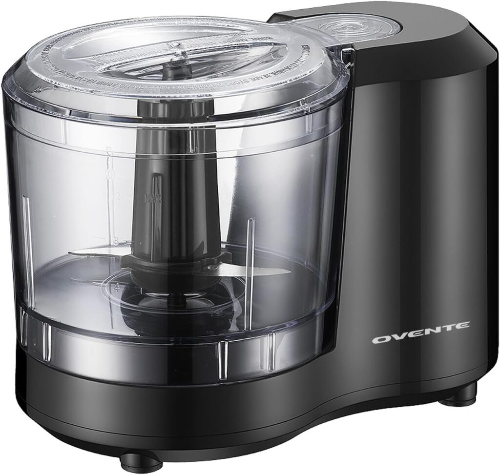 OVENTE 1.5-Cup Electric Food Chopper, 100W Food Processor with One-Touch Control and Stainless Steel Blade Ideal for Slicing Vegetable, Grinding, Shredding, Mincing, Puree and Meal Prep, Black PF1515B