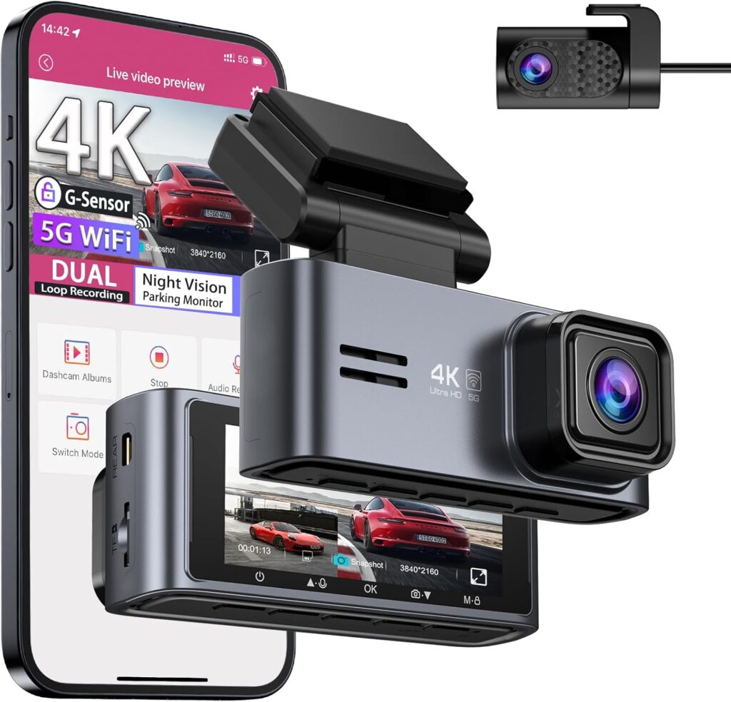 OMBAR Dash Cam Front and Rear 5G WiFi, Dash Cam 4K/2K/1080P+1080P, Dash Camera for Cars with 3.18″ LCD Screen, Dashcam Car Camera with WDR Night Vision, G-Sensor, Loop Recording, SD Card Not Included