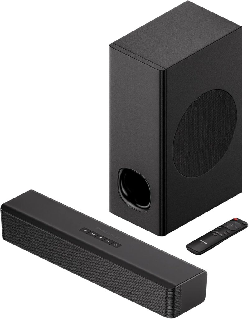 PHEANOO 2.1 Compact Sound Bars for TV with Subwoofer, HDMI ARC/Bluetooth 5.0/Optical/AUX/RCA Connection, Remote Control, Adjustable Bass, Wall Mountable – P15, 140W, 16 inch, Black