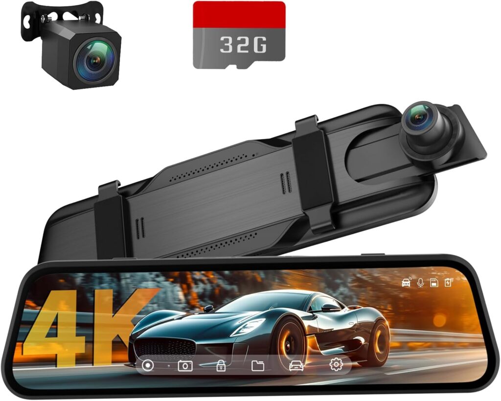 Veement 4K Rear View Mirror Camera, 10” 4K Mirror Dash Cam with 1080P Backup Camera, Dash Cam Front and Rear for Car with Voice Control, 24H Parking Mode, Night Vision, 32GB SD Card Included