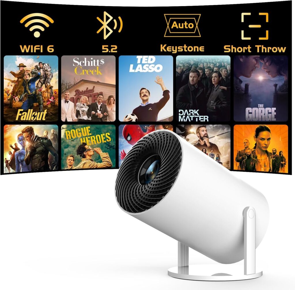 [Electronic Focus with Short Throw] PANSEBA Mini Projector with WiFi 6 and Bluetooth, Auto Keystone Outdoor Movie Projector, Big Screen Home Portable Projector for Phone/TV Stick/Laptop/HDMI