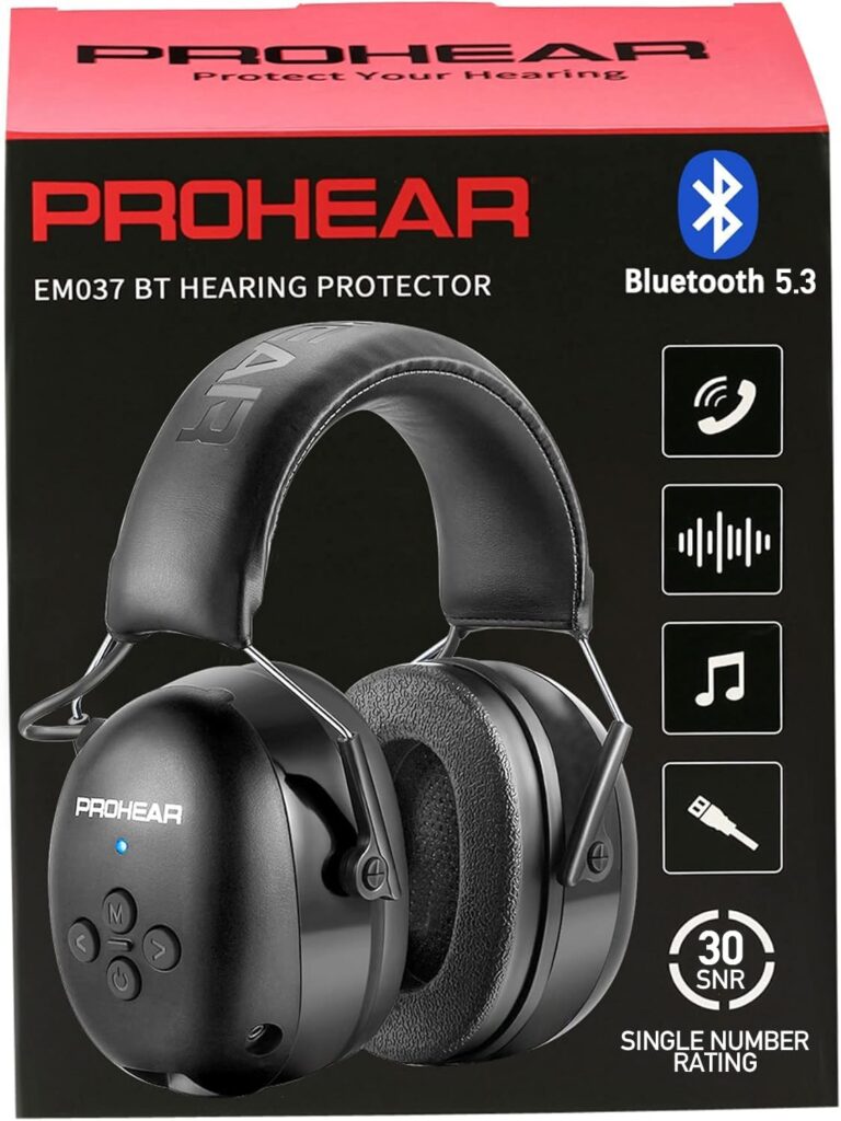 PROHEAR 037 Bluetooth 5.3 Hearing Protection Headphones with Rechargeable 1500mAh Battery, 30dB SNR Safety Noise Reduction Ear Muffs 120H Playtime for Mowing, Workshops, Snowblowing – Black
