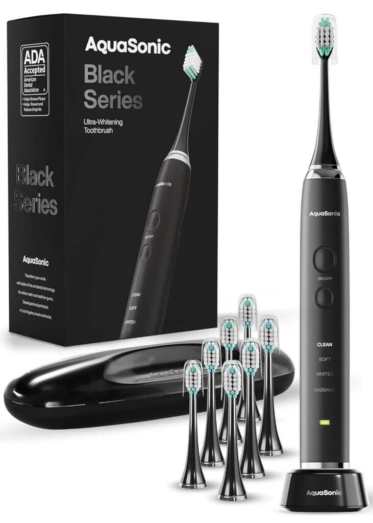 Aquasonic Black Series Ultra Whitening Toothbrush – ADA Accepted Electric Toothbrush- 8 Brush Heads & Travel Case – 40,000 VPM Electric Motor & Wireless Charging – 4 Modes w Smart Timer
