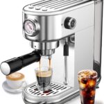 Espresso Machine with Milk Frother, 20 Bar High Pressure Professional Espresso Maker Automatic, Compact Stainless Steel Coffee Machine for Cappuccino, Latte, Gift for Coffee Lover, Dad or Mom, Silver