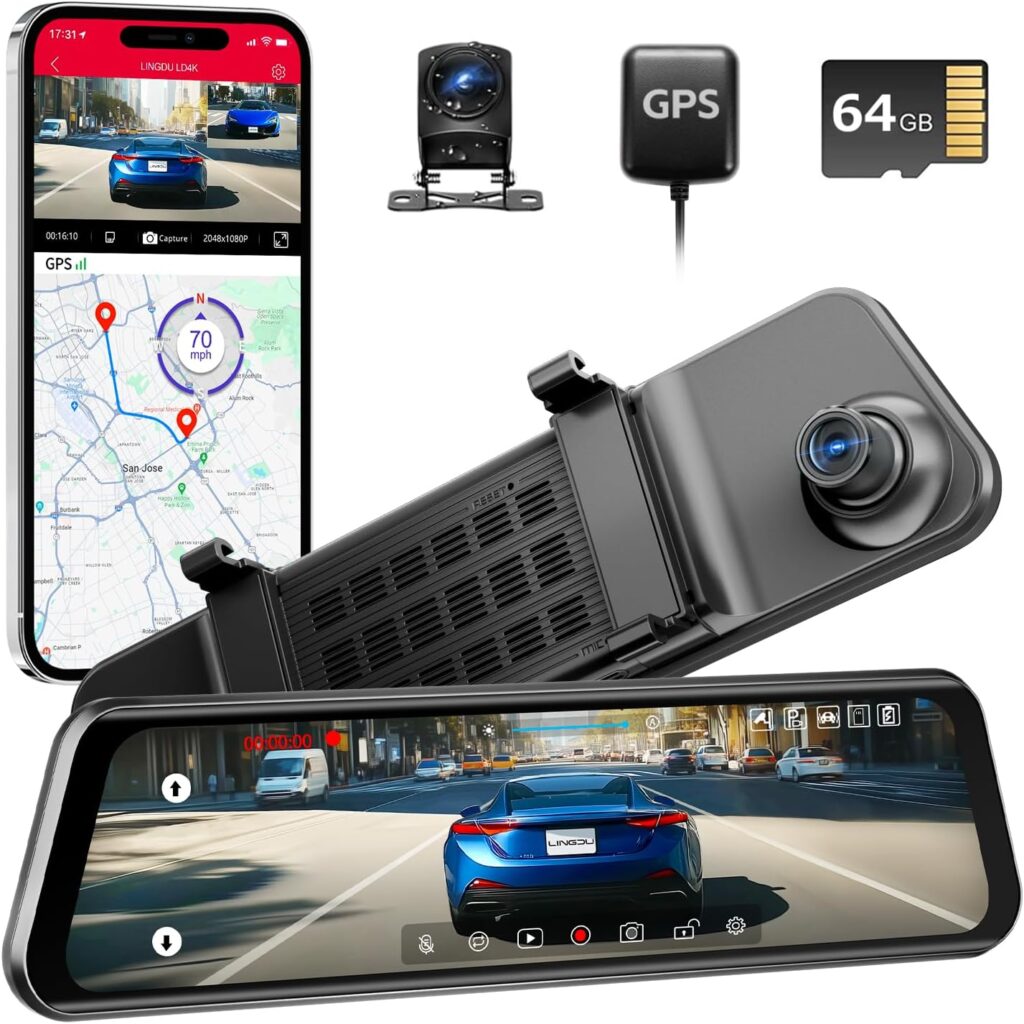 12″ Mirror Dash Cam, 4K UHD Front and 2.5K Rear View Dash Camera for Car, with ADAS BSD LCA Smart Mode, GPS, G-Sensor, Loop Recording, Parking Monitor, Voice Control, 5.8GHz WiFi
