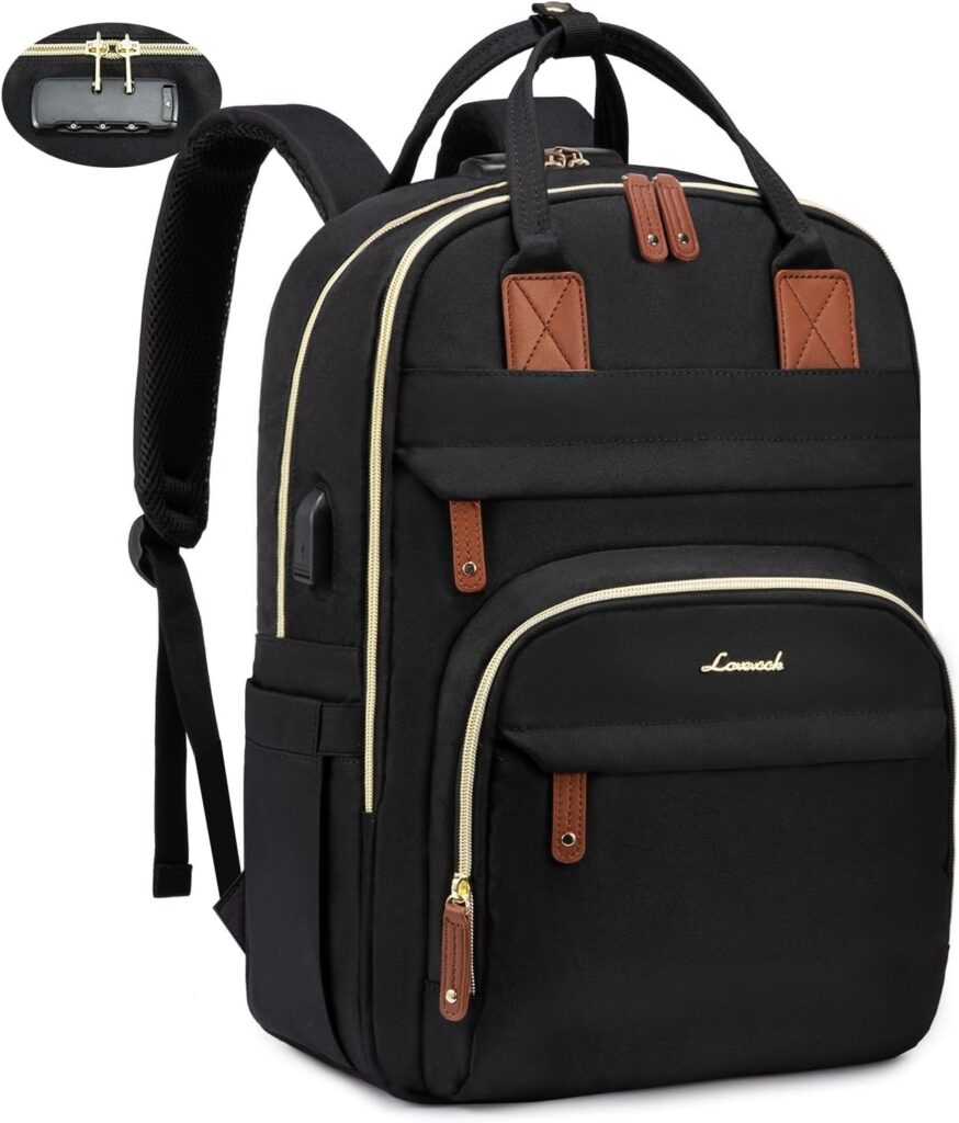 LOVEVOOK Laptop Backpack for Women, Unisex Travel Anti-theft Bag, Business Work Computer Backpacks Purse College Backpack for Men, Casual Hiking Daypack with Lock, 15.6 Inch, Black