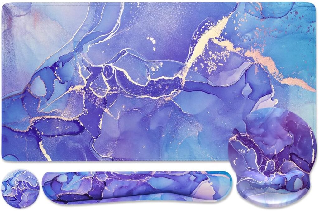 4-in-1 Gaming Mouse Pad Wrist Support Set，Desk Pad + Mouse Pad with Wrist Rest + Keyboard Wrist Rest + Coaster, Ergonomic Design for Home Office Study Game – Purple Marble