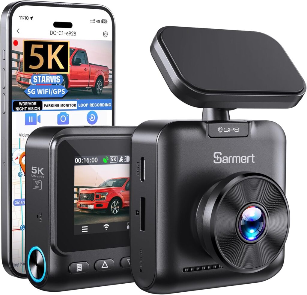 Sarmert C1 5K Dash Cam Front – Built-in GPS and 5G WiFi, Sony STARVIS Sensor, HDR Night Vision Car Camera, 5K/4K/2.5K UHD Dash Camera for Cars, Loop Recording, WDR, G-Sensor, 24H Parking Mode