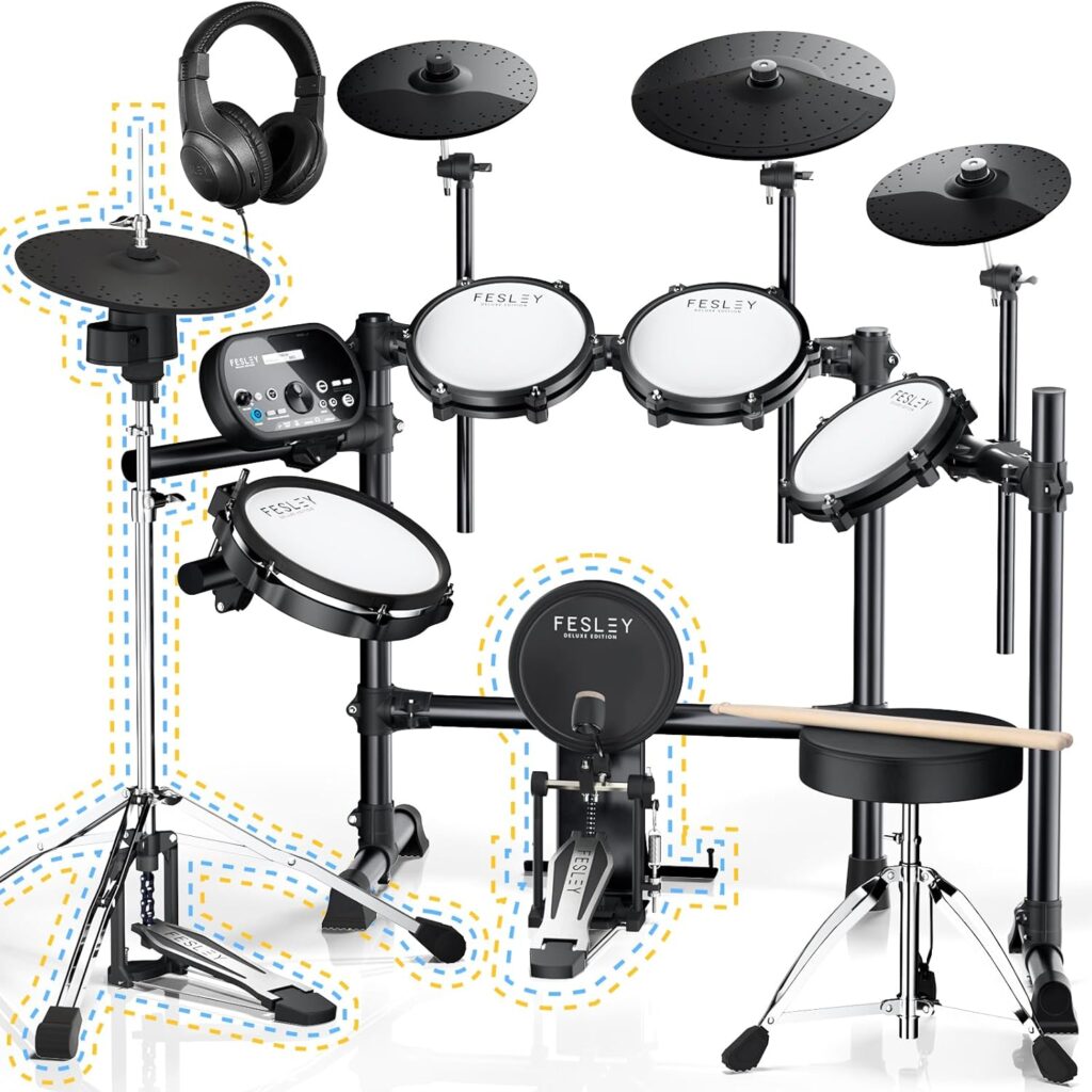 Fesley Electric Drum Set, Electronic Drum Set with 4 Quiet Mesh Drum Pads, Independent HiHat and Kick Drum Full Size Adult Drum Set, 3 Cymbals with Choke, 225 Sounds, USB MIDI, Drum Throne, and Sticks