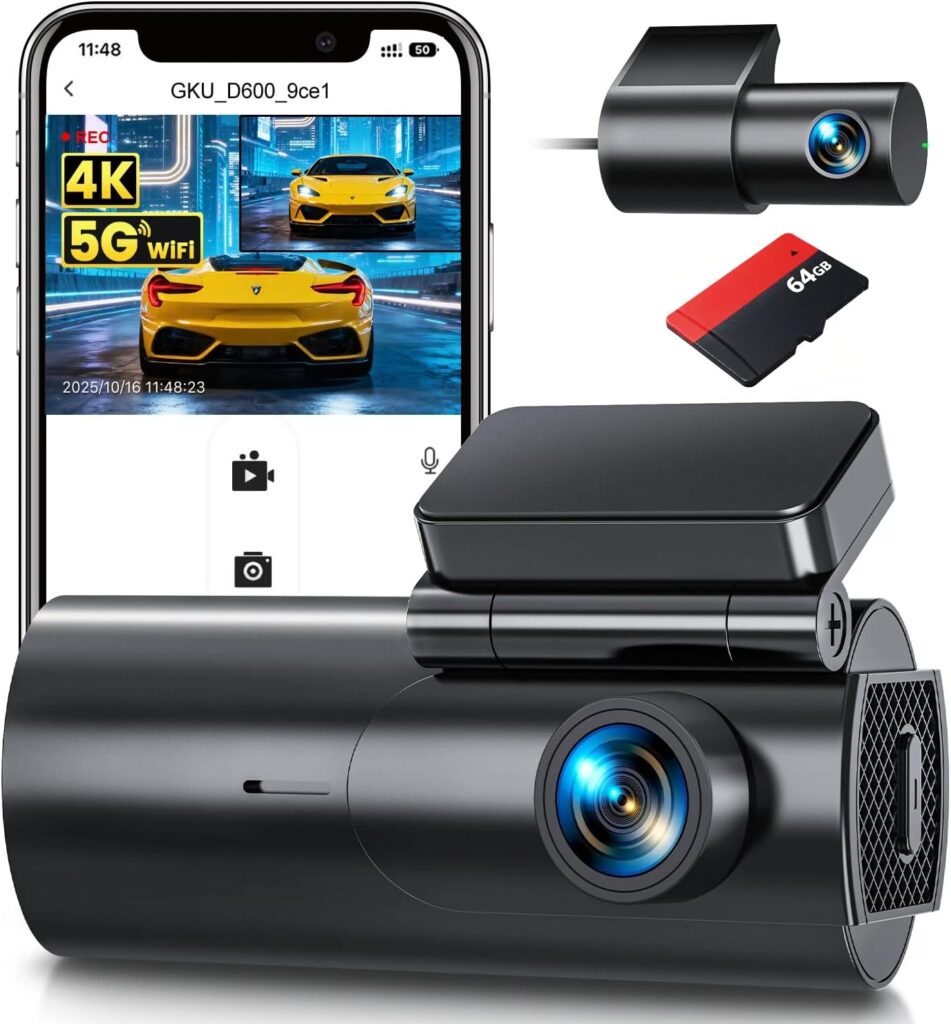GKU Dash Cam Front and Rear Camera – 4K+1080P Dual Dash Camera for Cars with 64GB SD Card, 5GHz WiFi & App Control, Night Vision, Parking Mode, G-Sensor, Loop Recording, WDR, 170° Wide Angle
