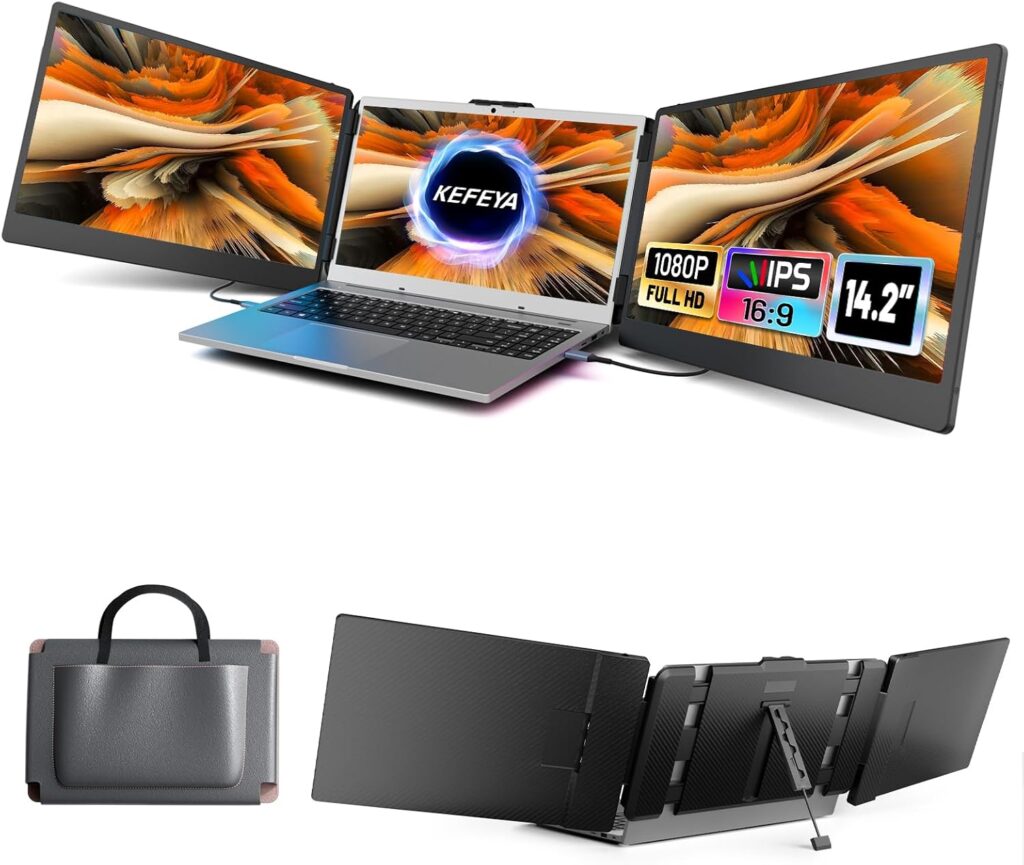 KEFEYA Laptop Screen Extender, 14.2″ Portable Triple Monitor for Laptop with Full HD IPS Display, Monitor Extender Compatible with Mac, Windows, Chrome, Fits 13-17 Inch Laptops