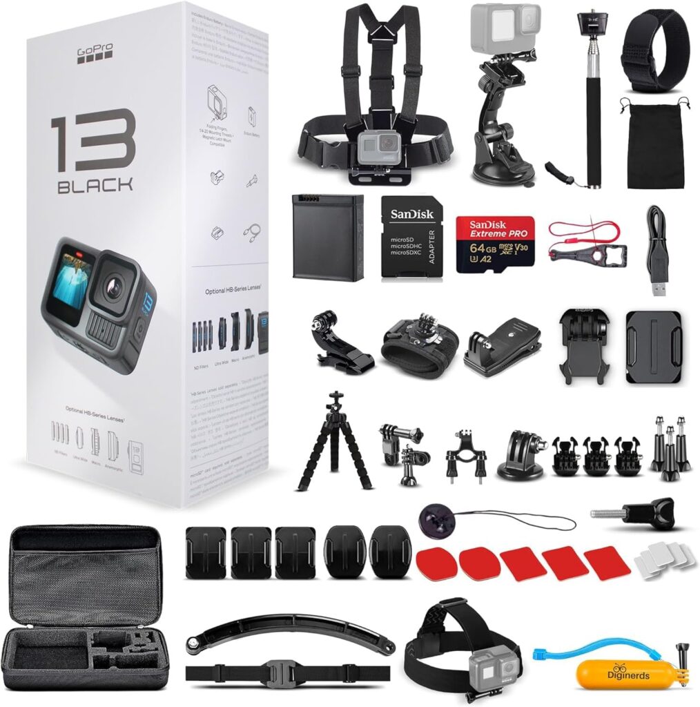 GoPro HERO13 (Hero 13) Black – Waterproof Action Camera with 5.3K HDR Video, 27MP Photos, 1/1.9″ Image Sensor, Live Streaming, Webcam, Stabilization + 64GB Card & 50 Piece Accessory Kit – Bundle