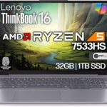 Lenovo ThinkBook 16 G7 Business Laptop, 16” FHD+, AMD Ryzen 5 7533HS, 32GB DDR5, 1TB NVMe, WiFi 6 + BT, RJ-45, HDMI, Fingerprint Reader, HD Webcam, Win 11 Pro