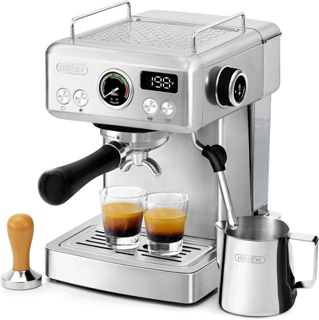 HIBREW H10A – 58mm Espresso Machine, Stainless Steel Body with Milk Frother, Customizable Settings, Smart Display + 20 Bar Pressure Gauge.