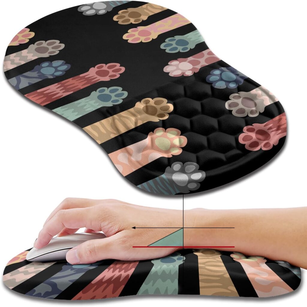 Hokafenle Ergonomic Mouse Pad Wrist Support, Wrist Rest Mousepad for Carpal Tunnel Pain Relief with Integrated Memory Foam Slope Massage Bulge (11.8×7.9 inch,Cute Cat Claw