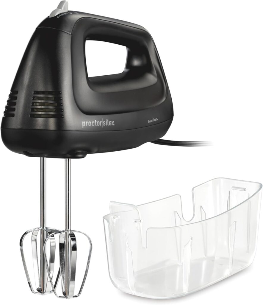 Proctor Silex Easy Mix 5-Speed Electric Hand Mixer with Bowl Rest, Compact and Lightweight, 215 Watts of Peak Power, Storage Case, Black (62512)