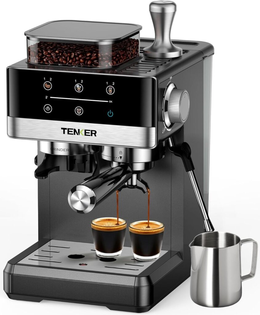 TENKER Espresso Machine with Grinder, 20 Bar Coffee Machine with Milk Frother for Home, All-in-One Stainless Steel Coffee Maker to Make Latte, Cappuccino, Hot or Cold Brew Iced Coffee