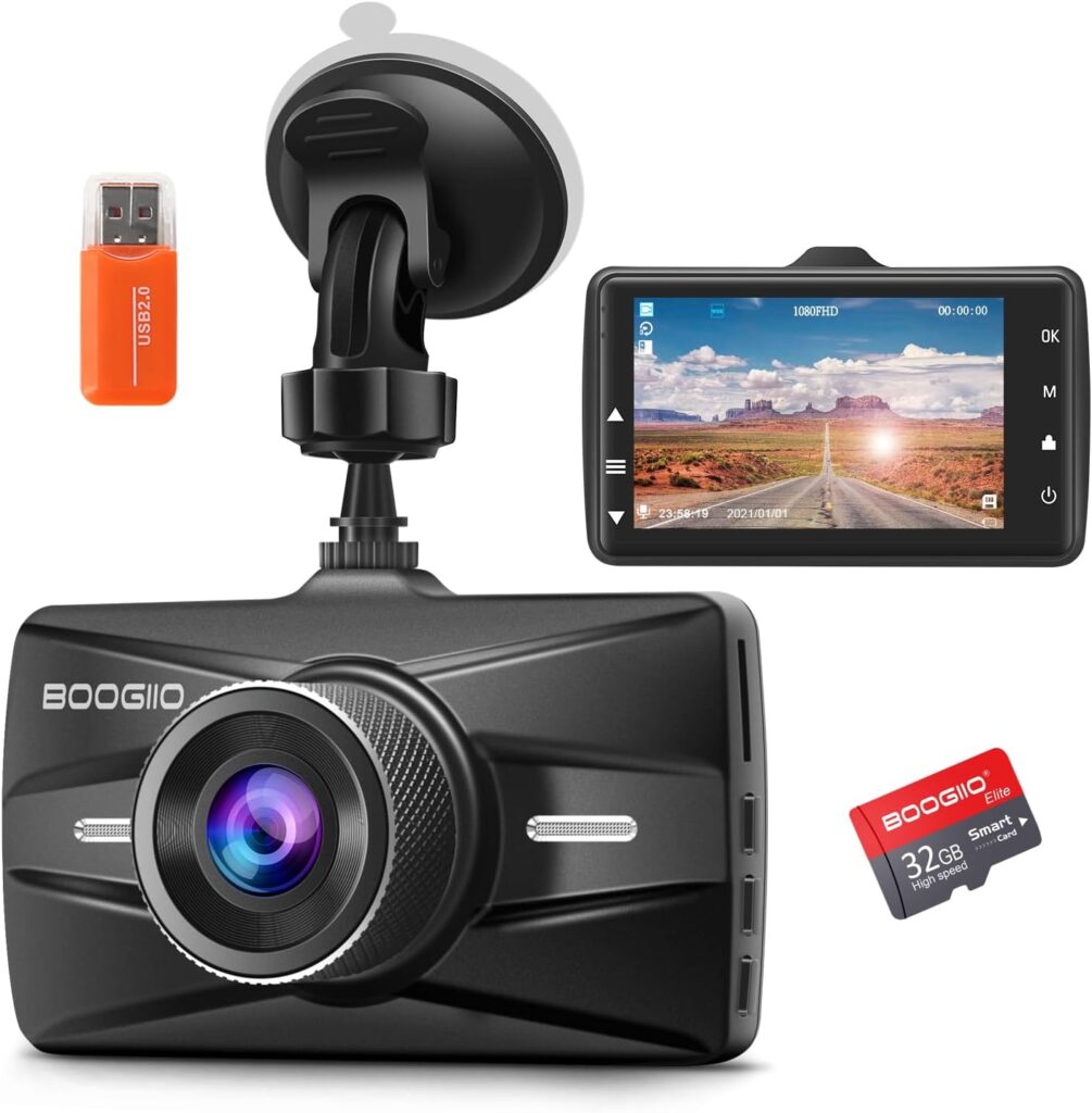 Dash Cam Front with 32G SD Card, BOOGIIO 1080P FHD Car Driving Recorder 3” IPS Screen 170°Wide Angle Dashboard Camera Aluminum Alloy Case, WDR G-Sensor Parking Monitor Loop Recording Motion Detection