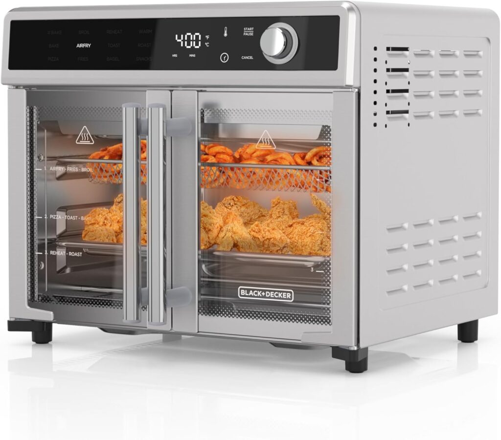 BLACK+DECKER Crisp ‘N Bake Air Fryer Toaster Oven Combo, 12 in 1 Countertop Convection Oven Cooks Food Fast, Fits a Whole Pizza or 6 Toast Slices, French Doors with Stainless Steel Finish