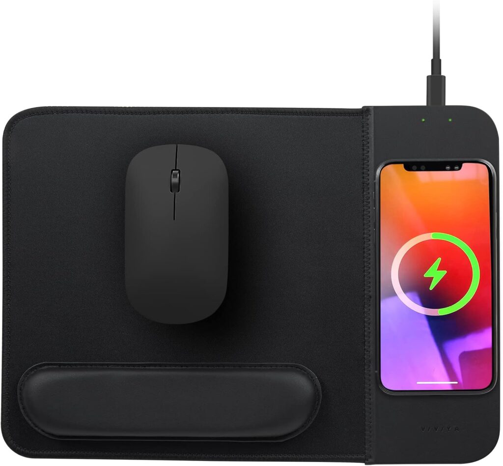 15W Wireless Charging Mouse Pad with Wrist Support, Fast Qi Wireless Charger Mouse Mat for iPhone 16/15/14/13/12/12 Pro/11/11Pro/XR/Xs/X, Samsung Galaxy S10/S9/S8 Plus Note 9/8 Multiple Devices