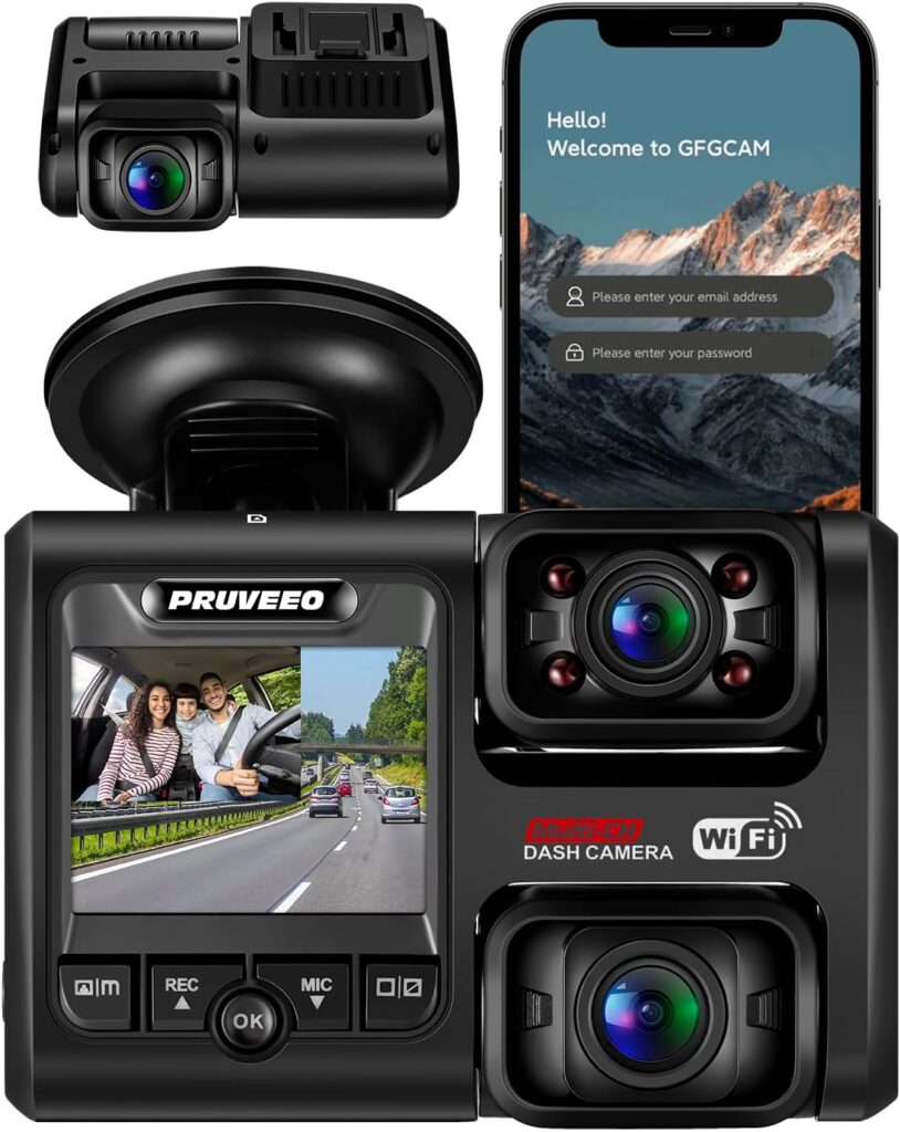 PRUVEEO Dash Cam, Front and Inside 1080P Dual FHD Dash Camera for Cars, Novatek Processor, Single-Channel 2160P, Infrared Night Vision, Built-in WiFi, 24H Parking Monitor Mode, 2 Inch LCD, 512 Gb Max