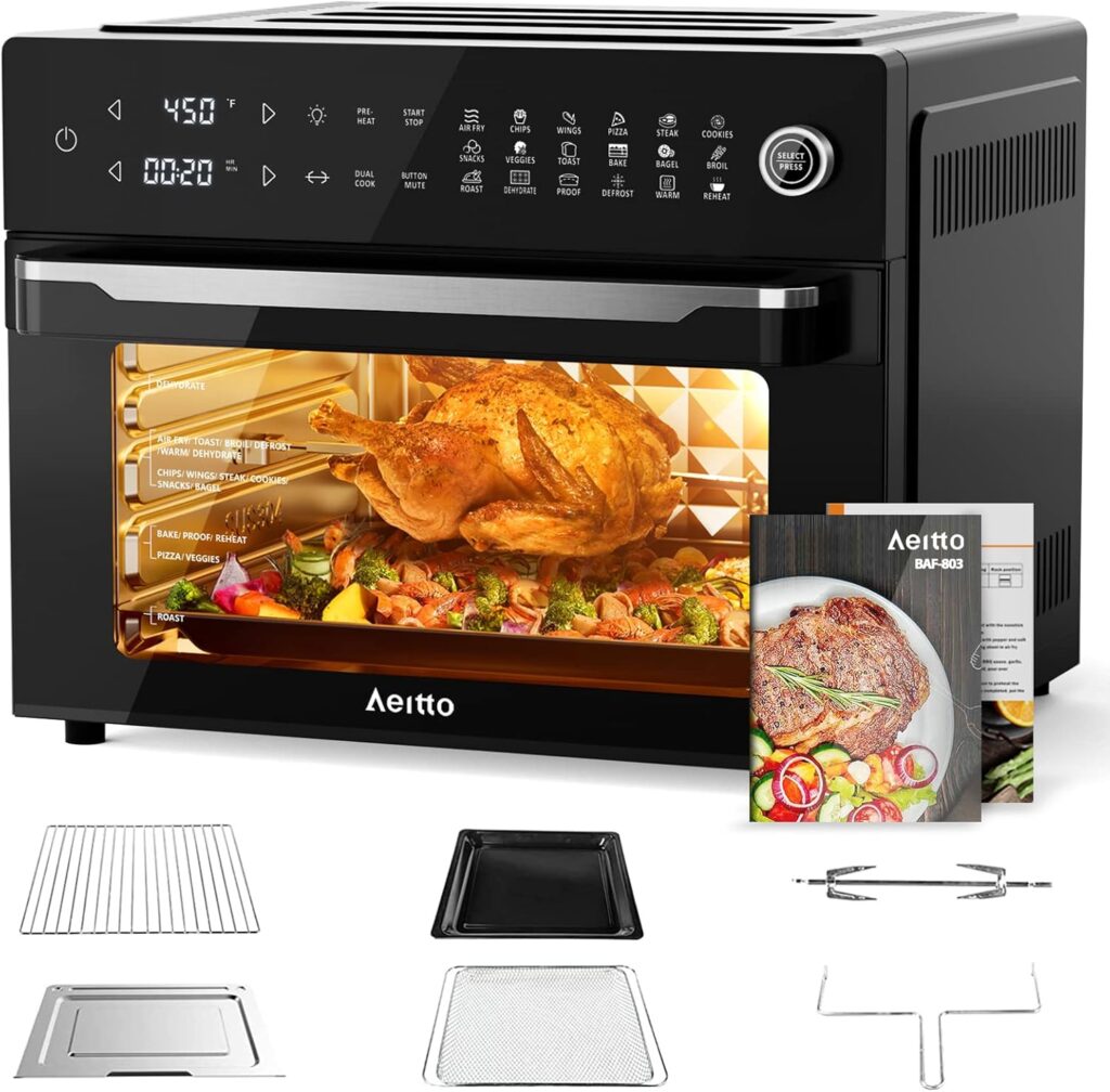Aeitto® 32-Quart PRO Large Air Fryer Oven| Toaster Oven Combo | with Rotisserie, Dehydrator and Full Accessories | 19-In-1 Digital Airfryer | Fit 13″ Pizza, 9pcs Toast, 1800w, Black